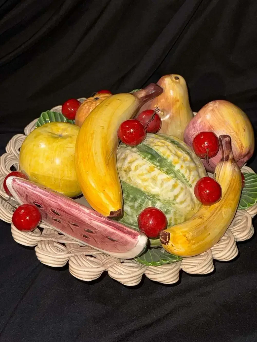 Vintage Ceramiche di Bassano Italian Majolica Hand-Painted Ceramic Fruit Basket